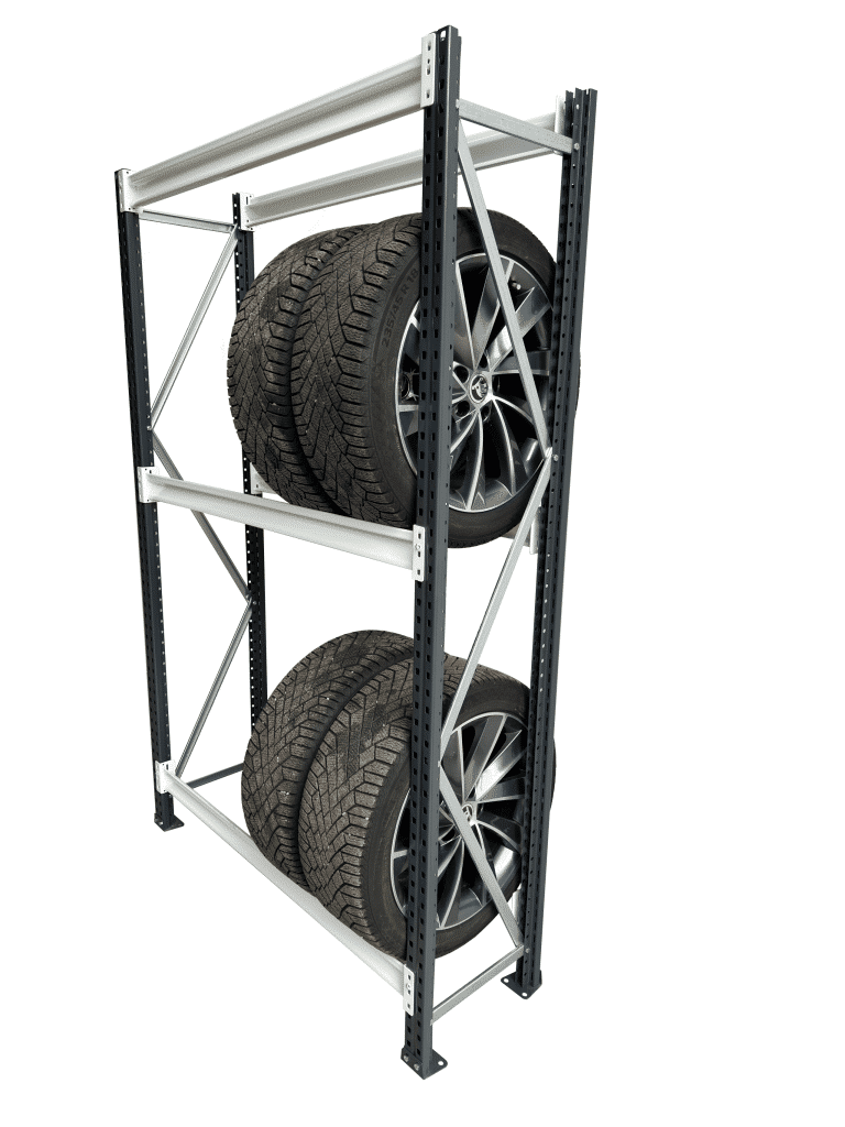 Tyre rack shelving system with adjustable beams for organised tyre storage