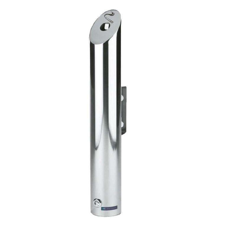 Stainless steel wall‑mounted cigarette bin with sloped top, Ø 85 × 600 mm (3.5 L), lockable hinged base