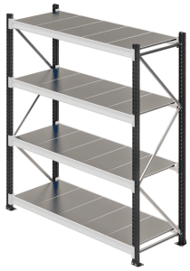 Warehouse shelving (longspan) with adjustable beam levels and steel shelf panels