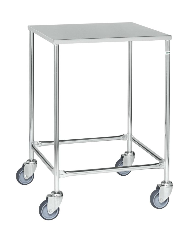 Welded table trolley with stainless steel top and four swivelling castors