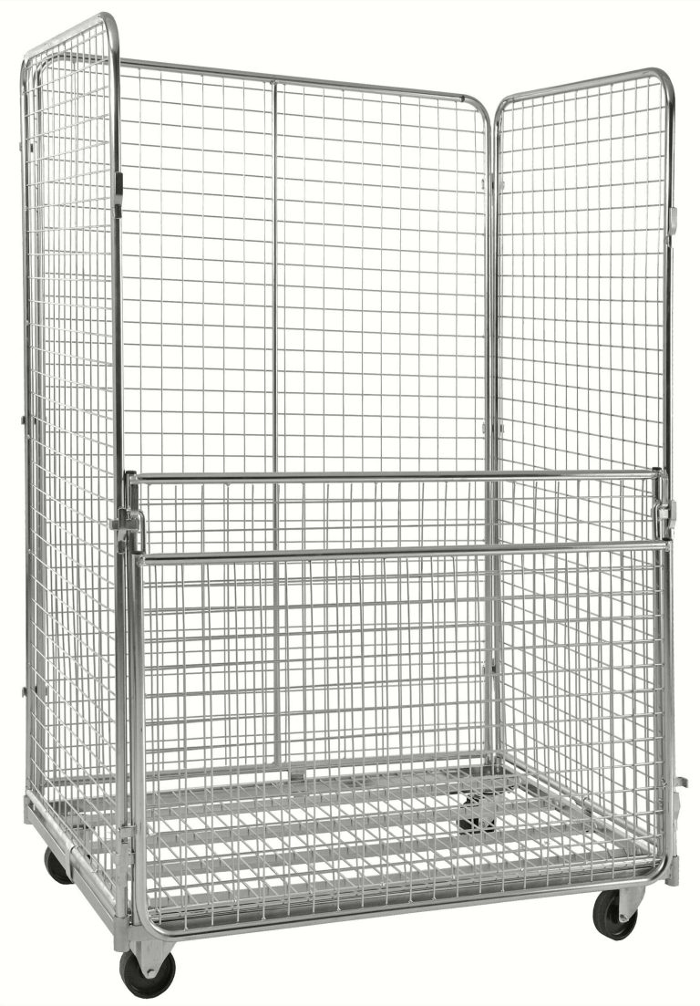 Wide 3-sided mesh roll container with removable half gate