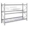 Galvanised wire mesh bin shelf with dividers installed in Dexion P90 pallet racking (1050 mm deep)