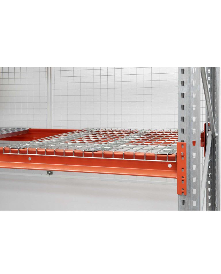 Wire mesh decking panel installed on pallet racking beams