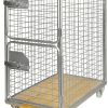Wooden-base roll container with mesh walls and two-part door