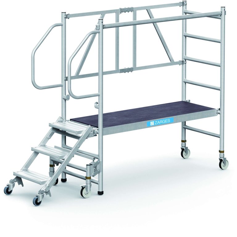 Mobile work platform with folding steps, guardrails and central brake