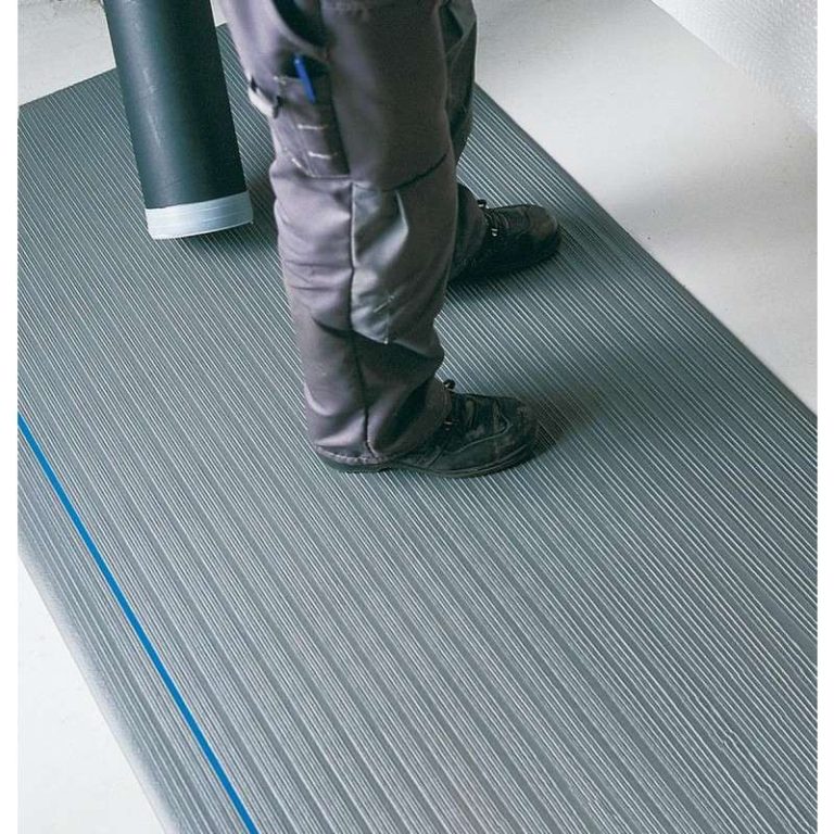 Yoga Meter grey vinyl anti-fatigue matting at a standing workstation